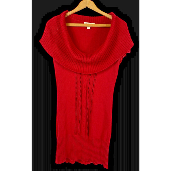 Y2K Knit Sweater Top Long Tunic Bodycon Wiggle Cowl Neck Red Preppy Size Large - Picture 1 of 13